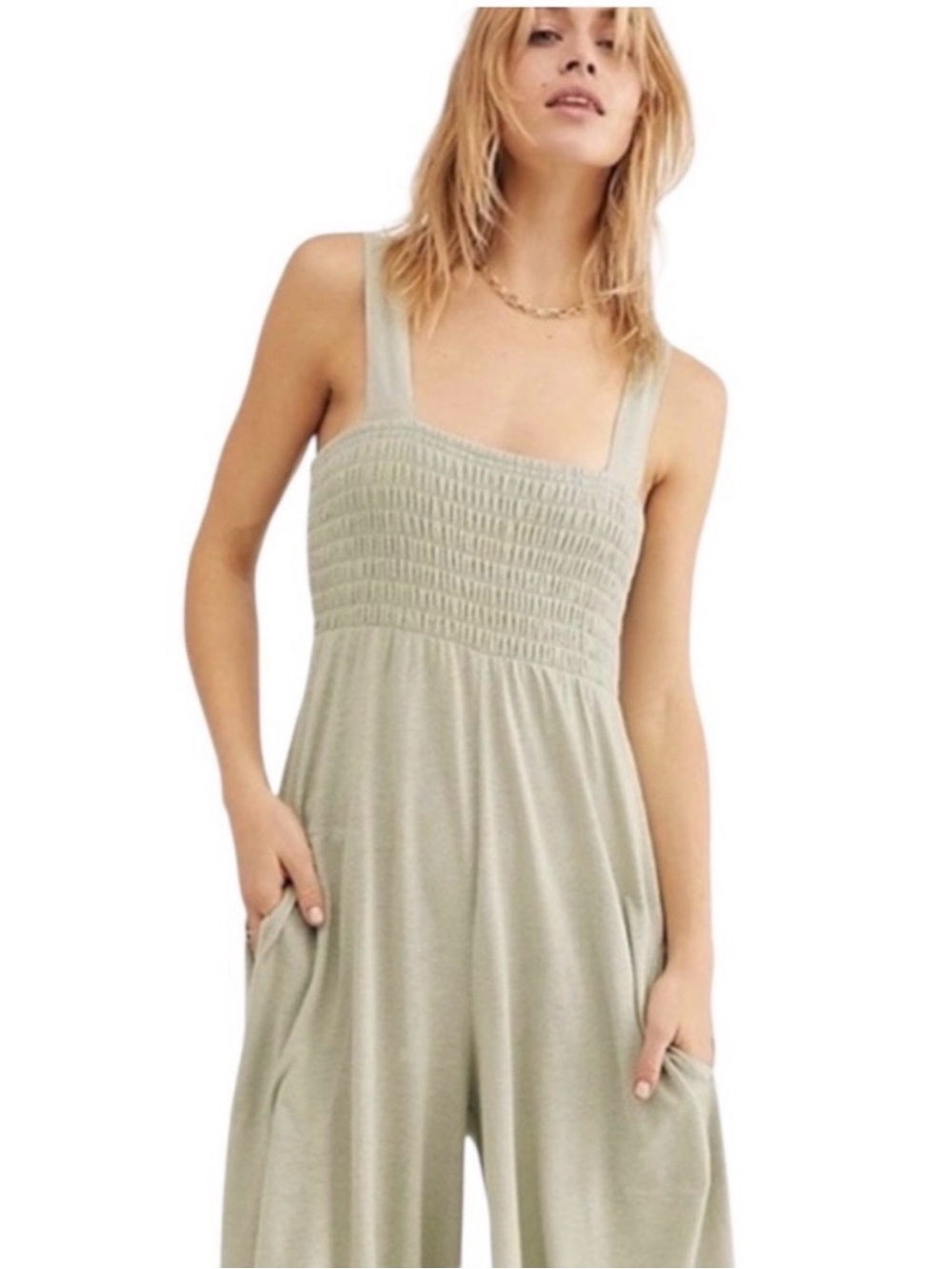 Smocked Wide-Leg Jumpsuit in Light Sage